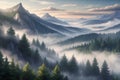 Misty Mountain Range with Forest at Sunrise Royalty Free Stock Photo