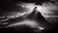 A misty mountain top, lofty, majestic, cloudy, misty, monochrome, Generative AI, illustration