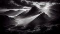 A misty mountain top, lofty, majestic, cloudy, misty, monochrome, Generative AI, illustration