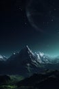 Misty mountains night sky, mystical landscape with moon. Generative AI