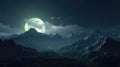 Misty mountains night sky, mystical landscape with moon. Generative AI