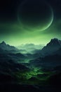 Misty mountains night sky, mystical landscape with moon. Generative AI