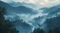 Misty mountains and river scenery under a cloudy sky Royalty Free Stock Photo