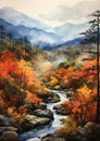 Misty Mountains: A Romantic Autumn Journey Through Forest Stream Royalty Free Stock Photo