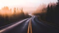 Misty Mountn Road with Sunrise and Winding Asphalt