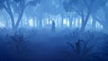 Misty night forest with grim reaper silhouette