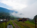 Misty old train station in foggy tropical jungle , Sao Paulo, Brasil Royalty Free Stock Photo