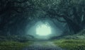 A misty path through a dense forest leads to a bright, mysterious opening Royalty Free Stock Photo