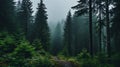 Misty Path Through Dense Pine Trees: A Dark Green Forest Tale Royalty Free Stock Photo
