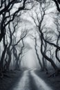 A Misty Path Through Intertwined Tree Trunks in a Deep Forest. Royalty Free Stock Photo