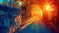 A misty path leading through a gate, illuminated by a vibrant sunset