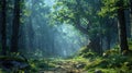 misty paths and old columns, depicting an ancient, abandoned ruins deep within a lush, green foliage forest, Ai generative