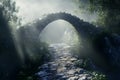 Misty pathway leading to an ancient stone bridge Royalty Free Stock Photo