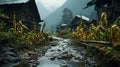 Misty Rain in Agriculture Land and Raw Mud Path in Urban Village Background