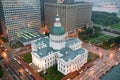 In a misty rain an elevated view of the historical Old St. Louis Courthouse. The Courthouse was constructed of brick in the Feder