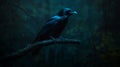 On a misty rainy day in a forest, a raven perched on a branch Royalty Free Stock Photo