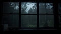 Misty Reflections: A window reflecting trees and fog in a hauntingly atmospheric scene