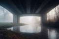 Misty river bridge. Generate ai