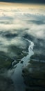 Misty River Delta: Aerial Photography Capturing Atmospheric Abstraction