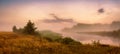 Misty river in the morning. Panorama. Warm summer morning Royalty Free Stock Photo