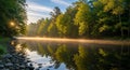 Misty river scene with sunlight filtering through dense, leafy trees, creating a tranquil Royalty Free Stock Photo