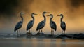 A misty river at sunrise is the backdrop for three grey herons standing on rocks Royalty Free Stock Photo