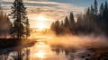 Misty River Sunrise: Native American Inspired Forest Art