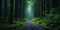 Misty road in fir forest. Minimalistic scenery. Generative AI