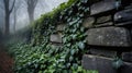 Stone Wall Covered with Lush Green Ivy in Foggy Forest Royalty Free Stock Photo