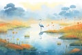 misty, serene marshland with a heron silhouette