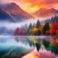 Misty Serenity: Morning Hues Over the Mountain Lake