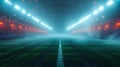 Misty soccer field under bright stadium lights at night, empty and atmospheric football arena. AI Royalty Free Stock Photo