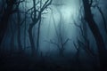 Misty spooky forest background, scary trees in horror fog woods Happy Halloween. Royalty Free Stock Photo