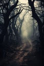 Misty spooky forest background, scary trees in horror fog woods Happy Halloween.