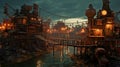 Misty Steampunk Village Sunset Royalty Free Stock Photo