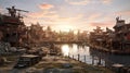 Misty Steampunk Village Sunset Royalty Free Stock Photo