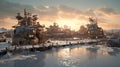 Misty Steampunk Village Sunset Royalty Free Stock Photo