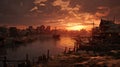 Misty Steampunk Village Sunset Royalty Free Stock Photo