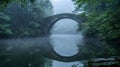 Misty stone bridge over tranquil forest river reflection Royalty Free Stock Photo