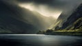 Misty And Stormy Sky Over Mountain Lake: Juxtaposition Of Light And Shadow