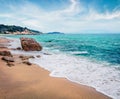 Misty summer seascape of Aegean Sea. Picturesque morning view of Cuba Beach, Olimpiada village location, Greece, Europe. Beauty of