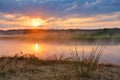 Misty summer sunrise. Foggy river in the morning. Misty morning Royalty Free Stock Photo