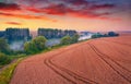 Misty summer sunset on outskirts of Ternopil town. Royalty Free Stock Photo