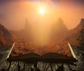 Misty sunrise in a mountain valley on the pages of an book