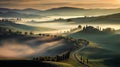 Tuscan Hills: A Romantic Sunrise With Mist And Curved Lines