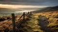 Misty Sunrise Over Grassy Field With Stone Fence On English Moors