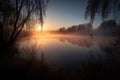 misty sunrise over lake, with reflections of trees and water
