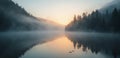 A misty sunrise over a lake with trees in the background Royalty Free Stock Photo
