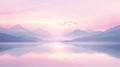 Serene Mountain Lake at Sunrise with Pastel Sky and Birds Flying Royalty Free Stock Photo