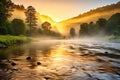 misty sunrise over a pristine fly-fishing river